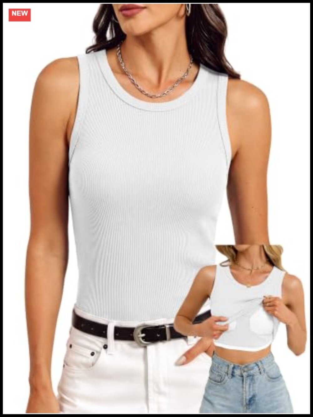 Women's Ribbed Tank Top with Built-In Bra - Sleeveless Fitted Cotton Blend Shirt